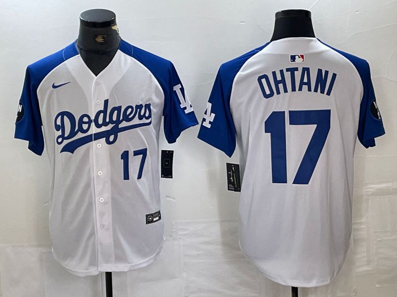 Men Los Angeles Dodgers #17 Ohtani White blue Fashion Nike Game MLB Jersey style 2->los angeles dodgers->MLB Jersey